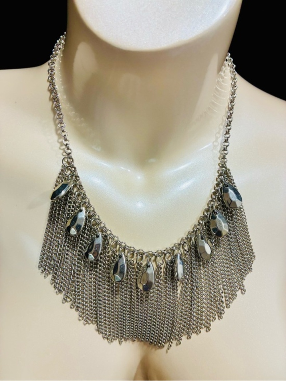 Silver Fringe Teardrop Statement Necklace - Women’s Fashion Jewelry